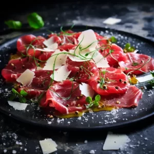 un délicieux carpaccio à l'huile d'olive et parmesan